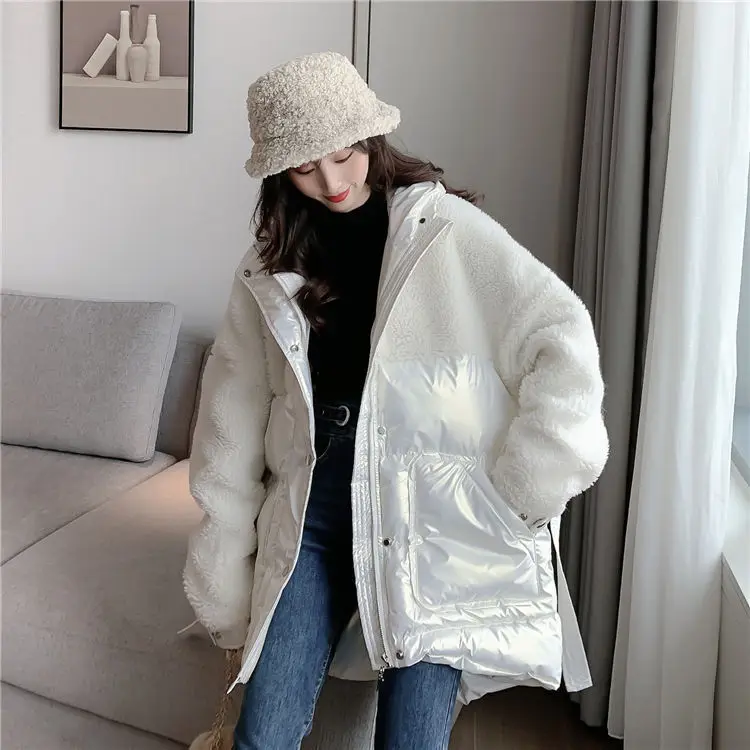 Heydress женские зимние толстые парки со стоячим воротником модные замшевые лоскутные куртки из овечьей шерсти Женские повседневные свободные глянцевые куртки