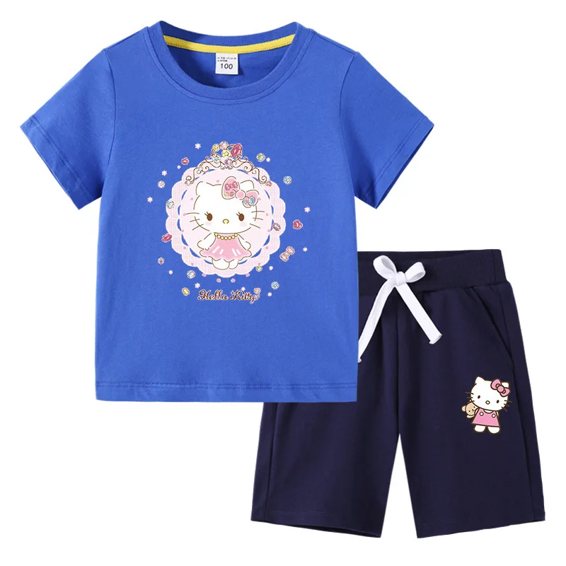 thumbnail image 1 of Hello Kitty-Camiseta de algodón con estampado de dibujos animados para niños y niñas, traje de dos piezas con pantalones de manga corta, verano, 1 of 5