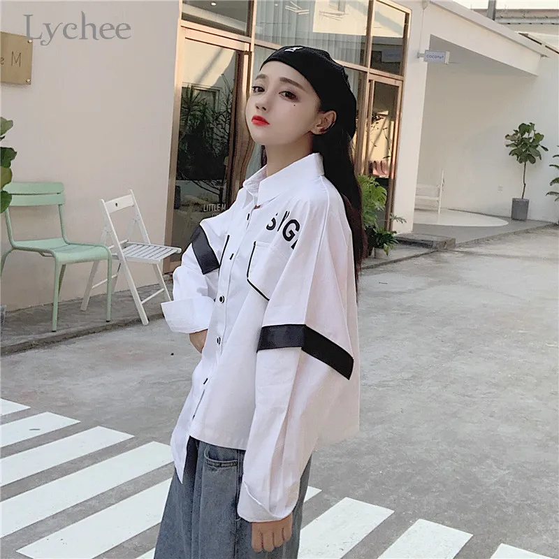 Lychee Harajuku с буквенным принтом, Лоскутная Женская рубашка, топ, повседневная, свободная, на пуговицах, с карманами, женские блузки, весна-осень, женские Рубашки, Топы