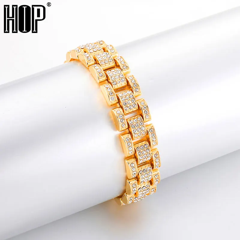 Хип хоп Iced Out Bling Золотые Серебряные полные часы со стразами группа звено цепи браслеты для мужчин раппер ювелирные изделия