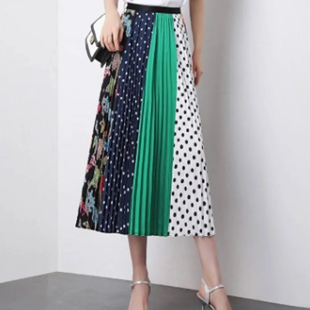 

Cartoon Print Pleated Women Long Skirts High Waist A-Line Elastic Blue Pink Skirt For Ladies 2020 Summer Casual Female Bottoms