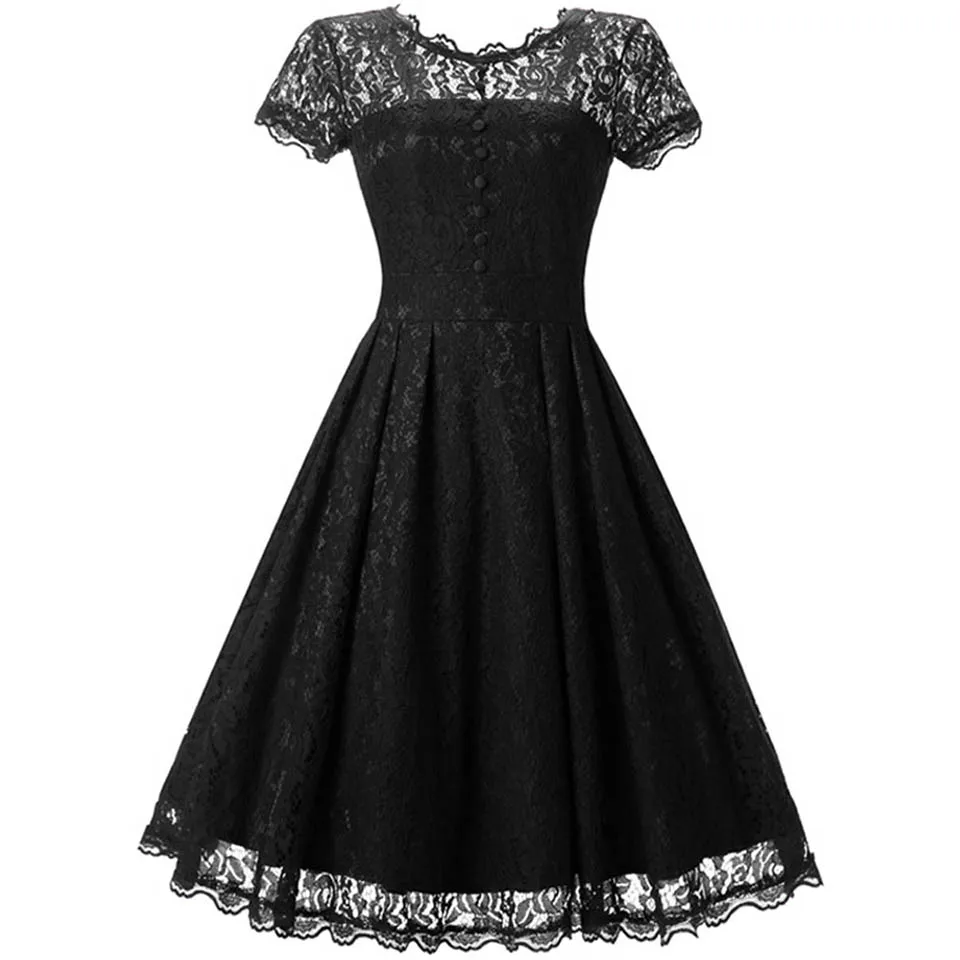 Sisjuly старинные женские платья линии 1950-х годов летнее платье кружева о шею черный пуговица элегантный женский вечерние платья для девочки