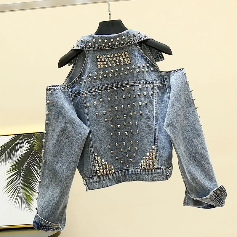 

korean style cropped ribet denim jacket women autumn casual modish hollow out long sleeve short ladies coats and jackets womens