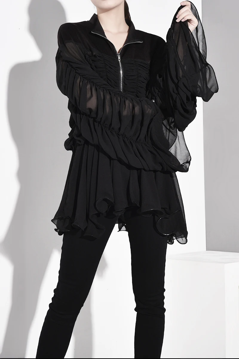 [EAM] Женская плиссированная блузка на завязках со стойкой и длинным рукавом, свободная Модная рубашка Весна-Осень 1A8760