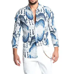 Весенняя Мужская рубашка с длинными рукавами и принтом, мужская рубашка с отложным воротником и пуговицами, облегающие топы, мужские