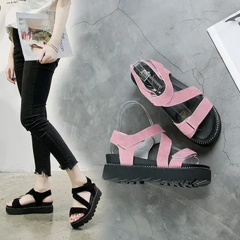 

Thick Bottom Rome Genuine Leather Magic Paste Sandals Female Summer Wild 2019 Flat Bottom Female Sandals 34-40 Code