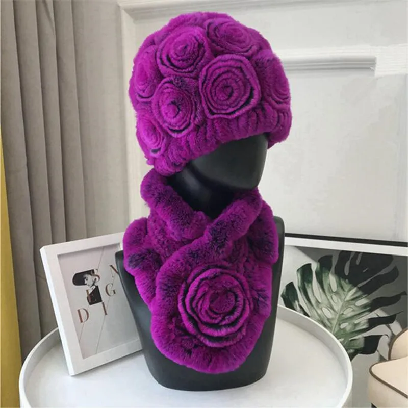 Frost purple set Женский вязаный Настоящий мех кролика наборы шарф шапка натуральный теплый мех кролика рекс Шарфы шапки зима леди Настоящий мех кролика шапка шарф - Цвет: Frost purple set