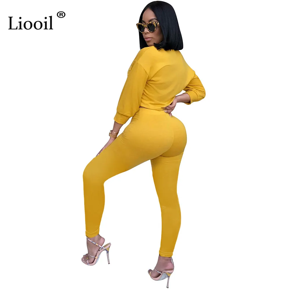 Liooil черный спортивный костюм женский комплект из двух предметов осень зима длинный рукав молния сексуальный топ и спортивные штаны костюм наборы