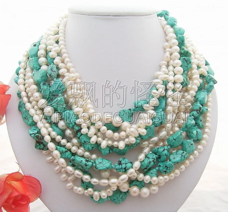 

Beautiful! 6Strands Blue Stone White Pearl Necklace