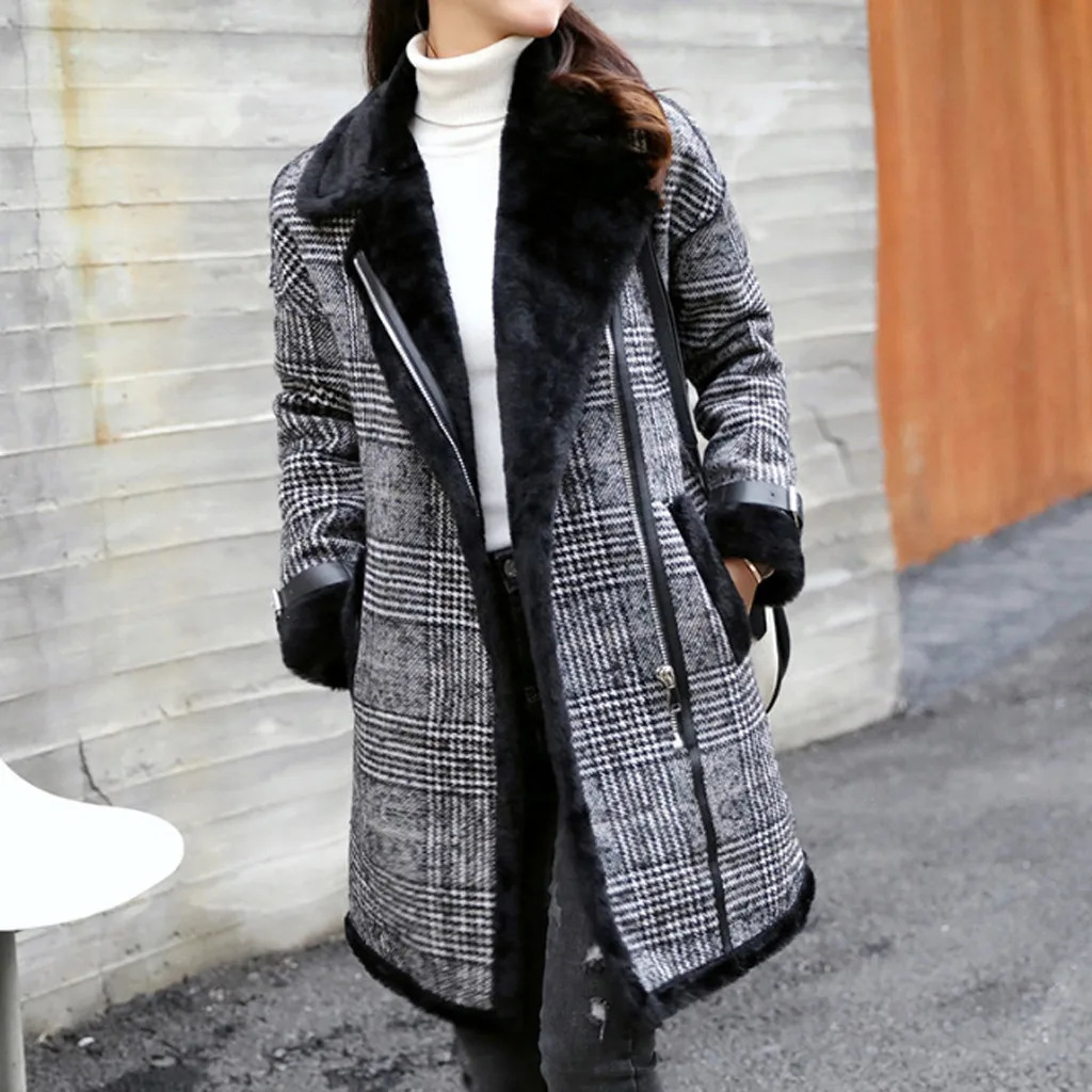 Клетчатое женское Шерстяное теплое пальто средней длины, плюшевое женское Свободное пальто с отворотом, осенняя зимняя кашемировая верхняя одежда, теплая