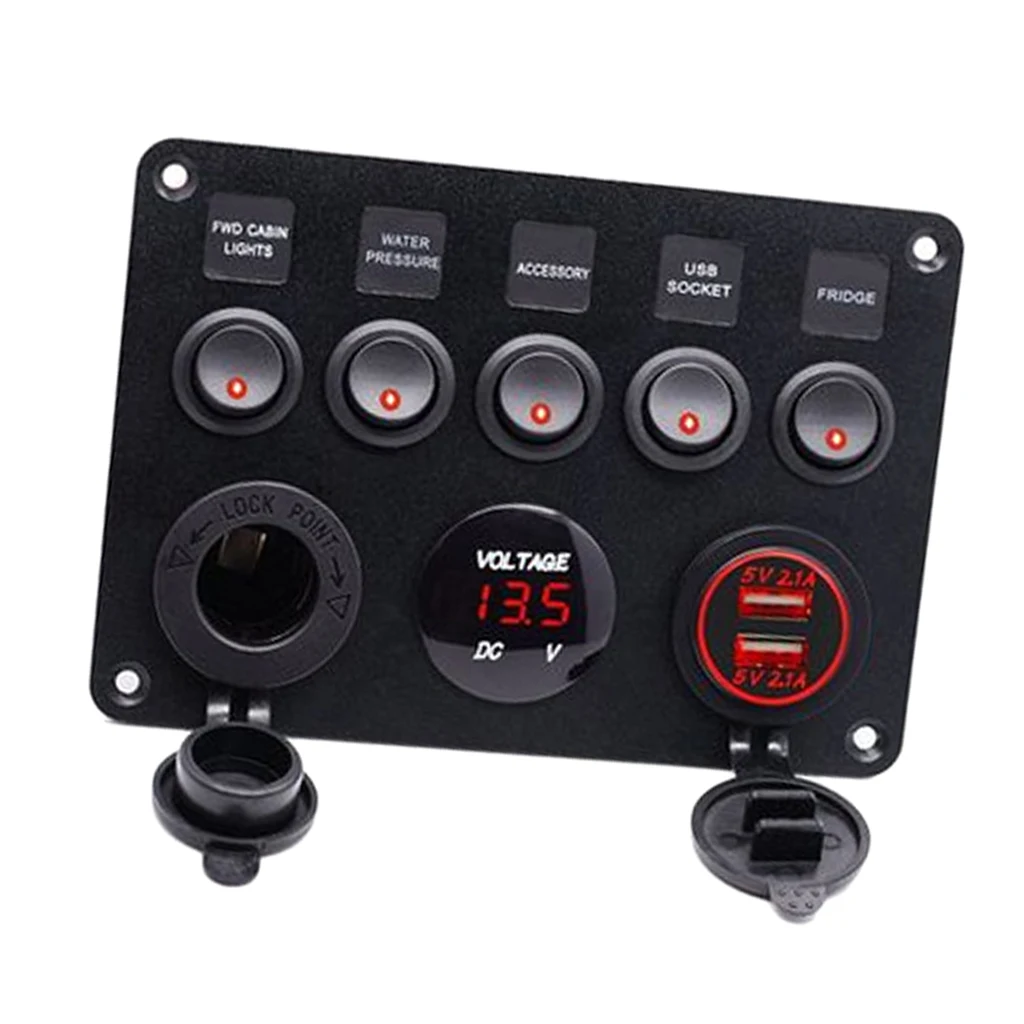 12V Dual Usb Car Charger 12V Voltmeter 5 Gang Auto Boat Rocker Switch Panel