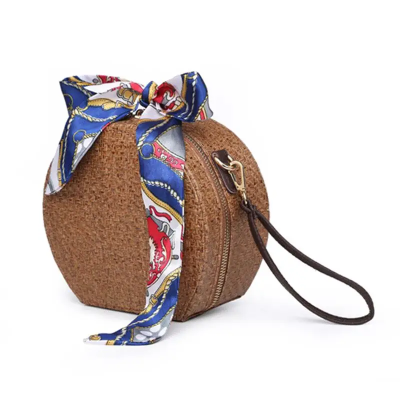

NEW-Round Rattan Bag Woven Straw Purse Circle Handmade Wicker Basket Bag
