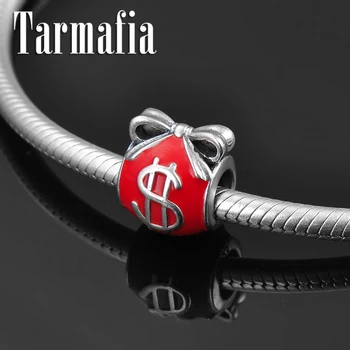 

New Real 925 Sterling Silver Red Enamel Women bowknot Purse Charm Beads Fit Original Pandora Charm Bracelet Fine Jewelry making