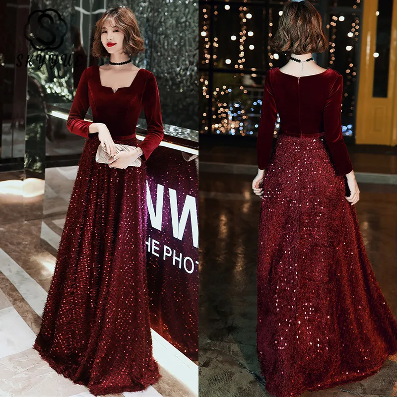 

Skyyue Square Collar Evening Dress Burgundy Sequined A-Line Floor-Length Elegant Party Dress K147 2020 Long Sleeves Formal Gowns