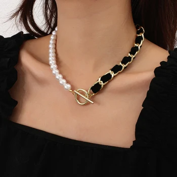 Amorcome New Fashion Baroque Pearl Chain Necklace Women Collar Punk Toggle Clasp Sweater Chain Choker Necklace Jewelry Gift 2021