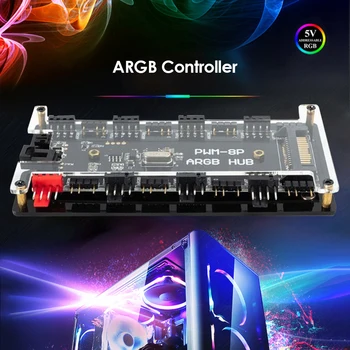 

1 to 8 3-Pin ARGB LED Hub with 21-Button 8 Port 4-Pin PWM Fan Hub Remote Control RGB LED Hub Extension Cable