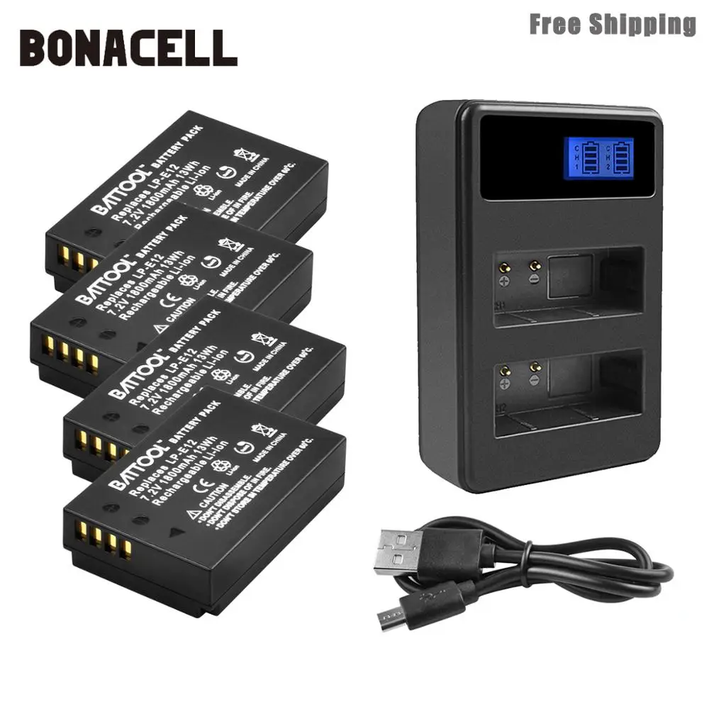 Bonacell 1800 мАч LP-E12 LPE12 LP E12 батарея для камеры+ ЖК двойное зарядное устройство для Canon EOS M10 Kiss X7 Rebel SL1 EOS 100D DSLR L50 - Цвет: 4XBattery Charger