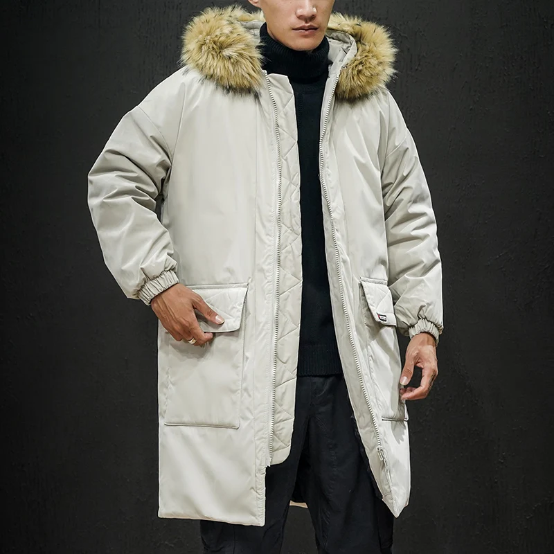 

2019 winter new long cotton coat men's youth fashion personality handsome coat hooded fur collar cotton coat loose tide