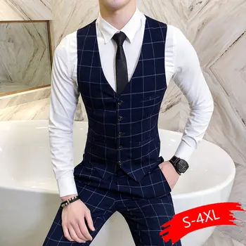 

2020 Men's Fashion Boutique Quality Grid Wedding Dress Waistcoat Suits Vest Men Business Grid Slim V-neck Suits Vests Waistcoat