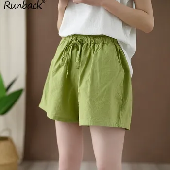 

Runback Cotton Linen Shorts with Drawstring Pockets Retro Plus Size White Black Mid Waist Casual Comfy Solid Shorts Women