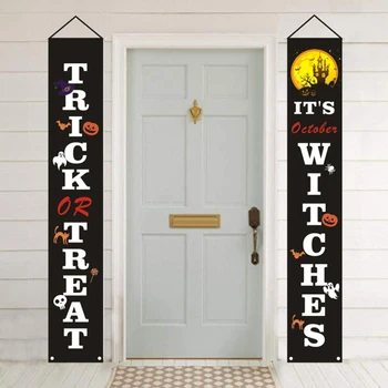 

Halloween Banner Hanging Decorations Halloween Porch Sign Outdoor Indoor Hanging Sign With Pumpkin Bat Skull Cat Spider Pattern