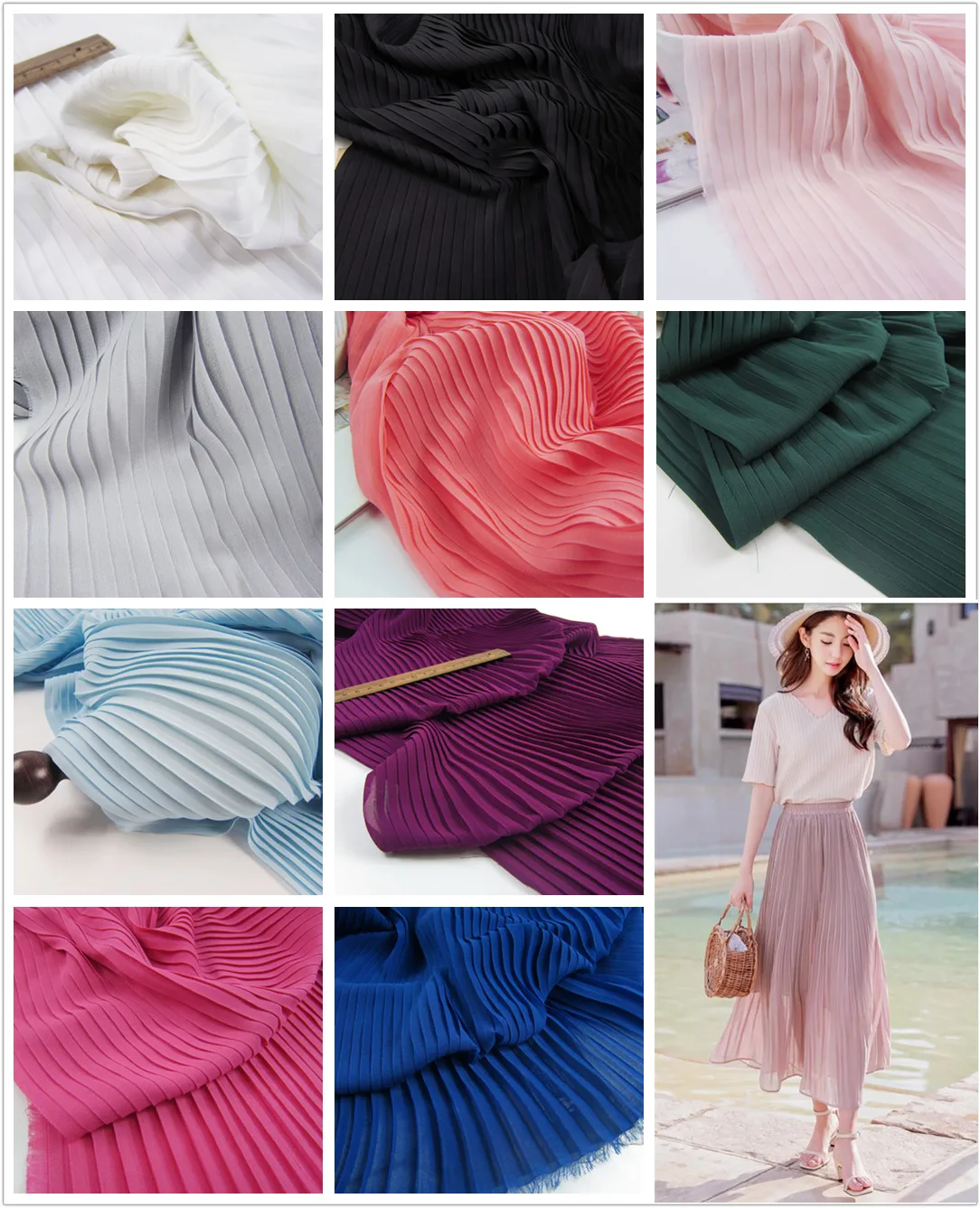

Pleated Fabric chiffon Clothing pleated fabric solid color big stripes organ imitation thread is not transparent skirt