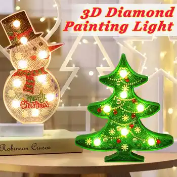 

Creative 3D Diamond Painting Modeling Lamp Cute Snowman/Christmas Tree Shaped Full Drill LED Table Light Special Christmas Gift