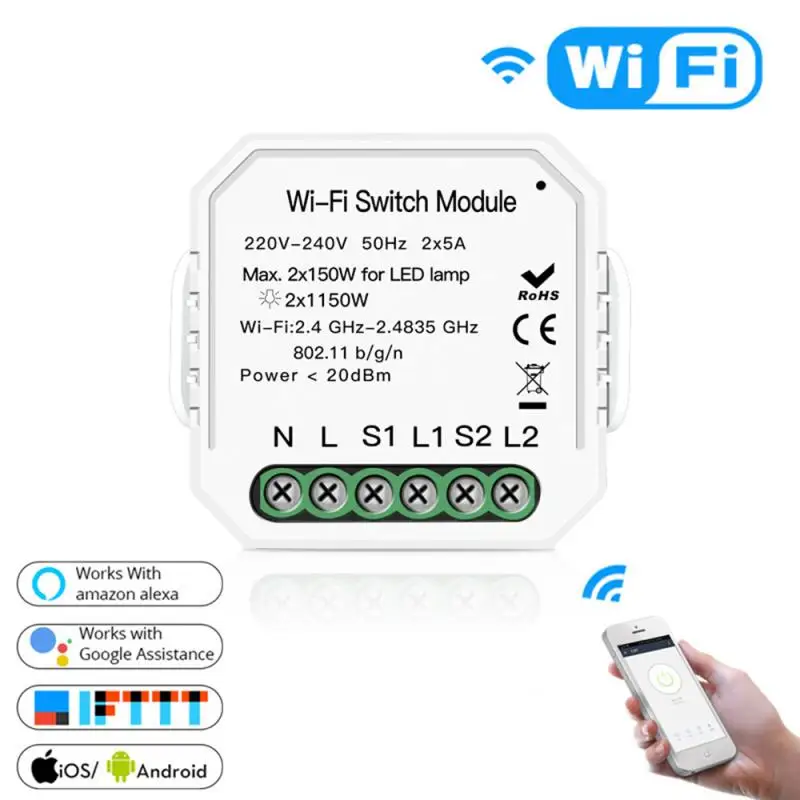 Умный выключатель Smart Life/Tuya Wi-Fi переключатель с голосовым управлением 2 клавиши 5 А