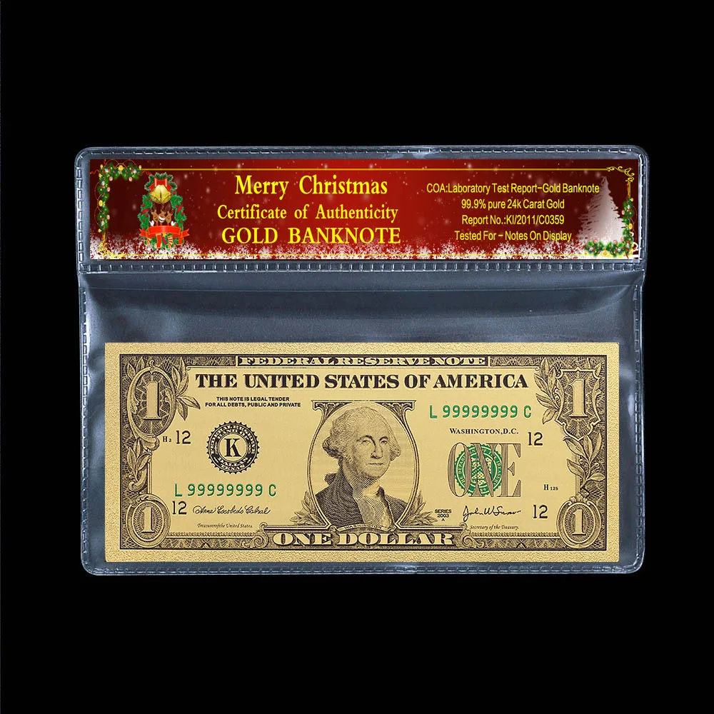 One Dollar Banknote in 24k Gold Wholesale Money With Plastic Frame For Christmas Card Paper Gifts Pack of 2pcs |
