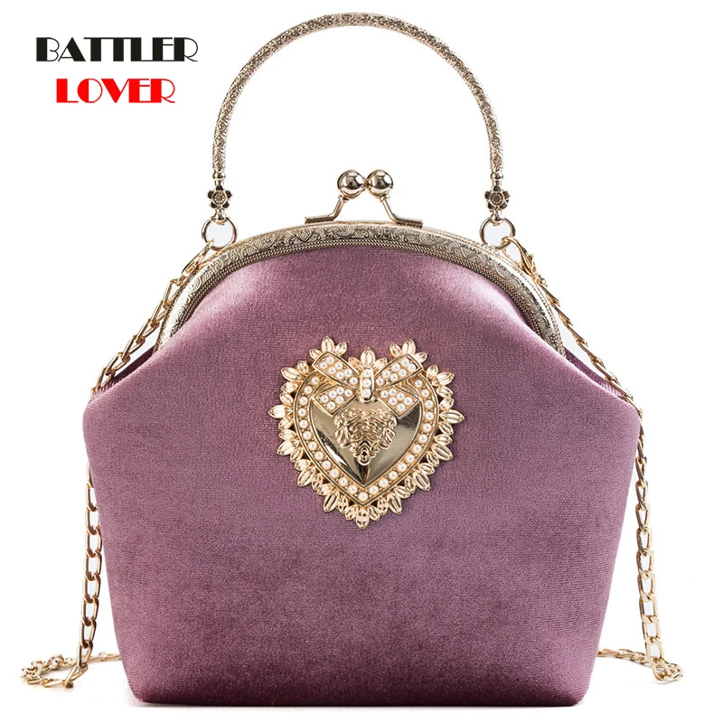 Female Velvet Pearl Handbag Vintage Velour Heart Design Evening Bag Womens Wedding Party Bride Clutch Velour Purse Shoulder Bags