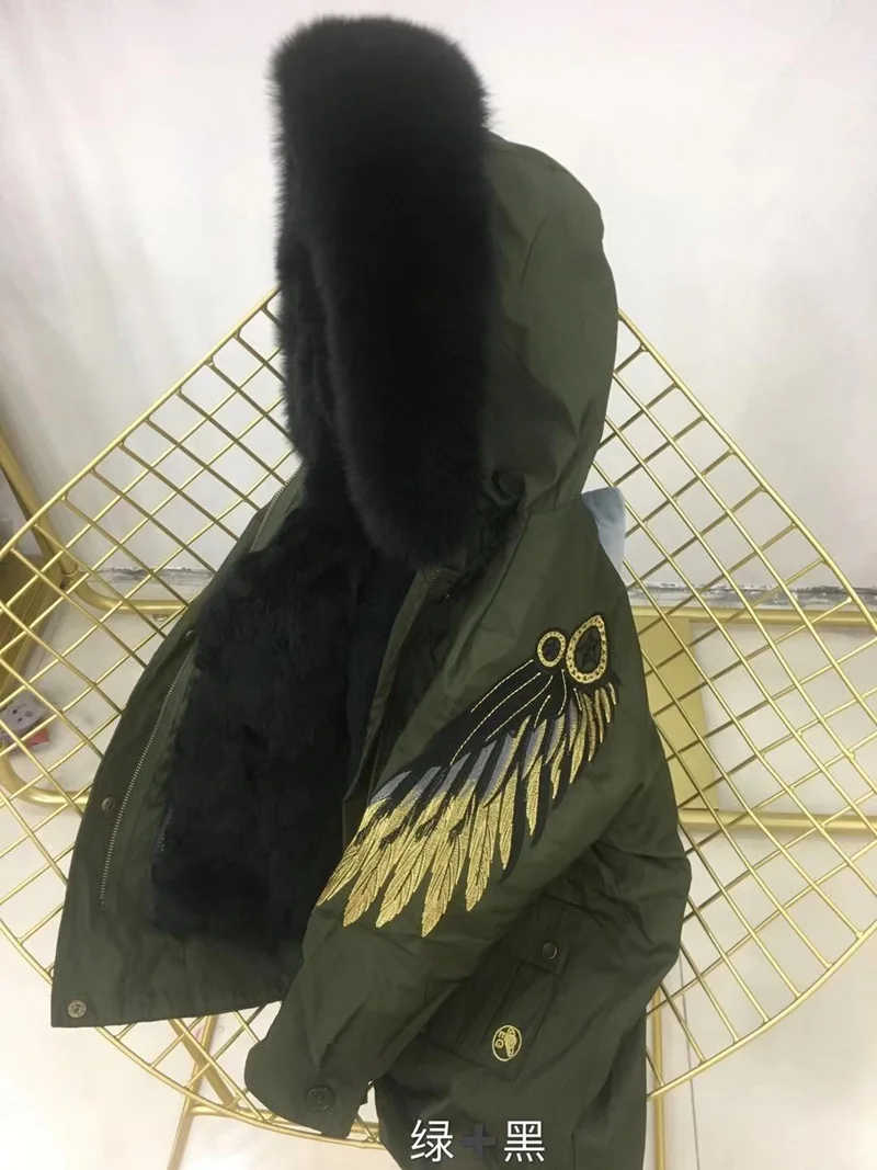 green black fur Детский зимний комбинезон, детская зимняя куртка и пальто для мальчиков и девочек, парки из натурального меха кролика рекс с натуральным лисьим мехом, верхняя одежда с капюшоном - Цвет: green black fur