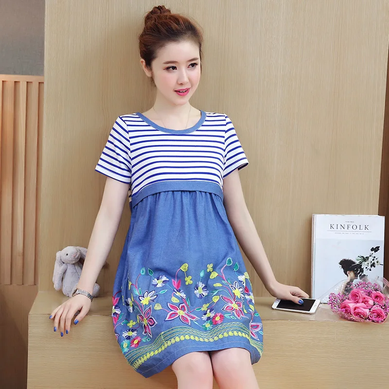 

Maternity Clothes 2019 Summer New Style Ethnic Embroidery Stripes Spell Cowboy Pregnant Women Nursing Short-sleeve Dress