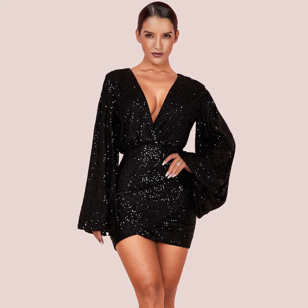 Ocstrade черный V шеи с длинным рукавом мини-пышные рукава Bodycon платье HI1125-Black