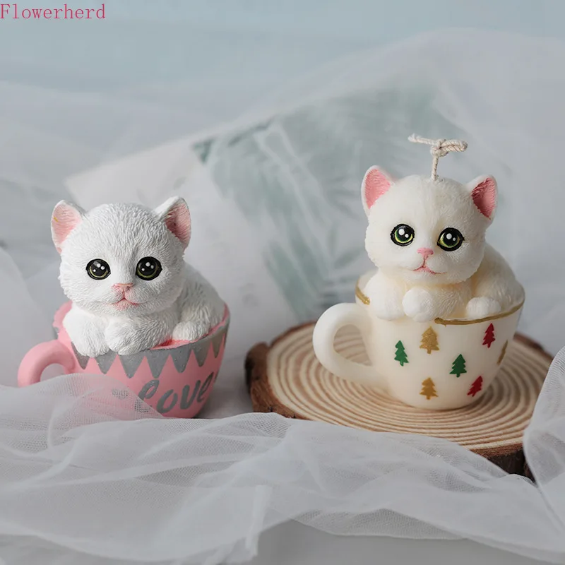 New Candle Tools Teacup Cat Silicone Mold Cute Cartoon Cat Candle Mold Aromatherapy Plaster Mold