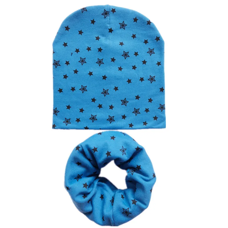 blue new star 2 шт./компл.; шапка и шарф для малышей из хлопка с мультяшными принтами на весну с принтом детские шапки шарфы для мальчиков и девочек, мягкая шапочка воротник осенний детский головной убор, комплект детской одежды - Цвет: blue new star