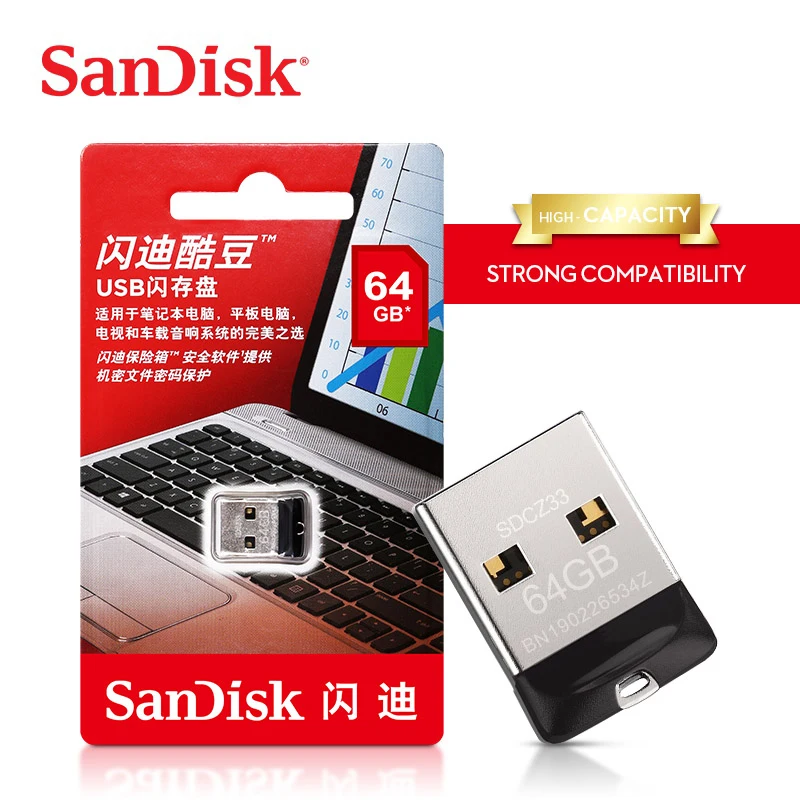 SanDisk Fit CZ33 супер мини USB флеш-накопитель 64 ГБ USB 2,0 флеш-накопитель 32 Гб карта памяти s 16 Гб U дисковый накопитель