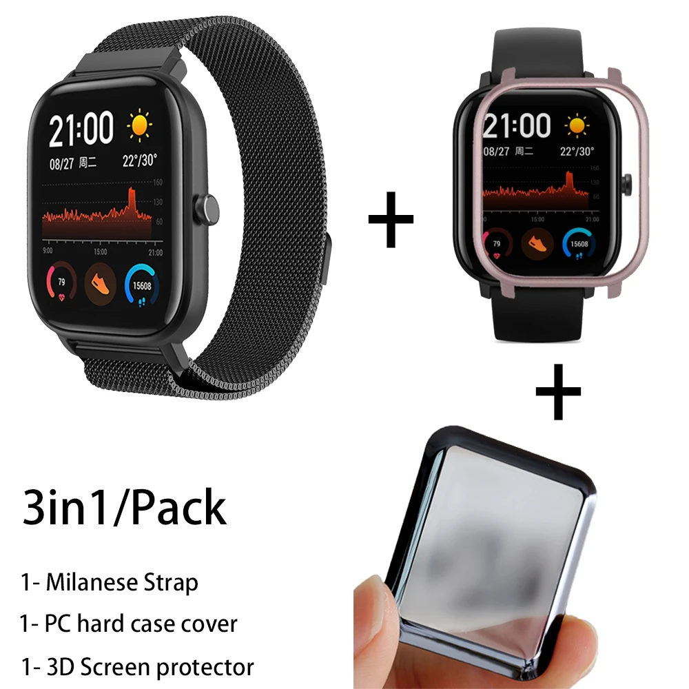 black-rose pink 3в1 наручный ремешок для Amazfit GTS PC чехол металлический Миланский Браслет для Huami Amazfit gts ремешок для 3D экрана Защитная пленка - Цвет: black-rose pink