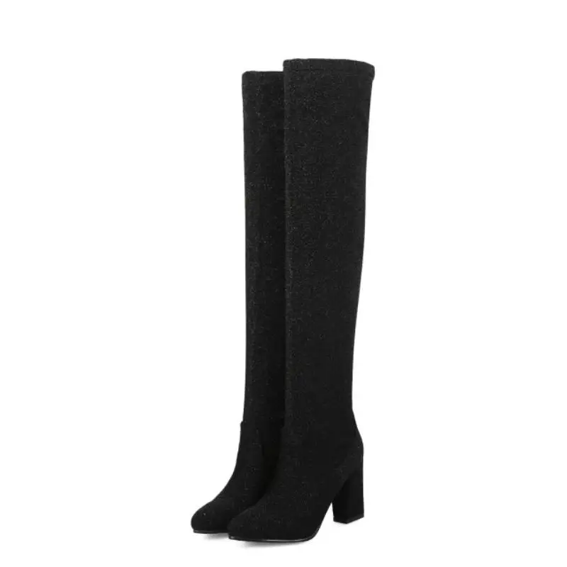 Haoshen&Girl Women Over the Knee High Boots Sequi Special fabric Stretch boots High Heel Thin High Boots Winter Shoes Size 10.5