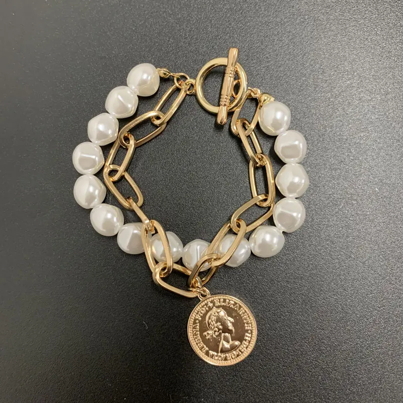 SRCOI модный браслет в стиле барокко с имитацией жемчуга, нежная Геометрическая металлическая застежка-монета, браслет для женщин и девушек на свадьбу - Окраска металла: B