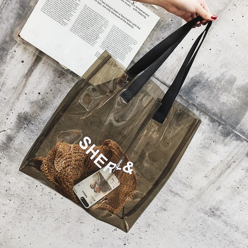 

Women New Trend Tote Transparent PVC Handbag beach Shoulder bag Hot Sale Jelly Color Plastic Clear Bag Large cGift Shopping Bags