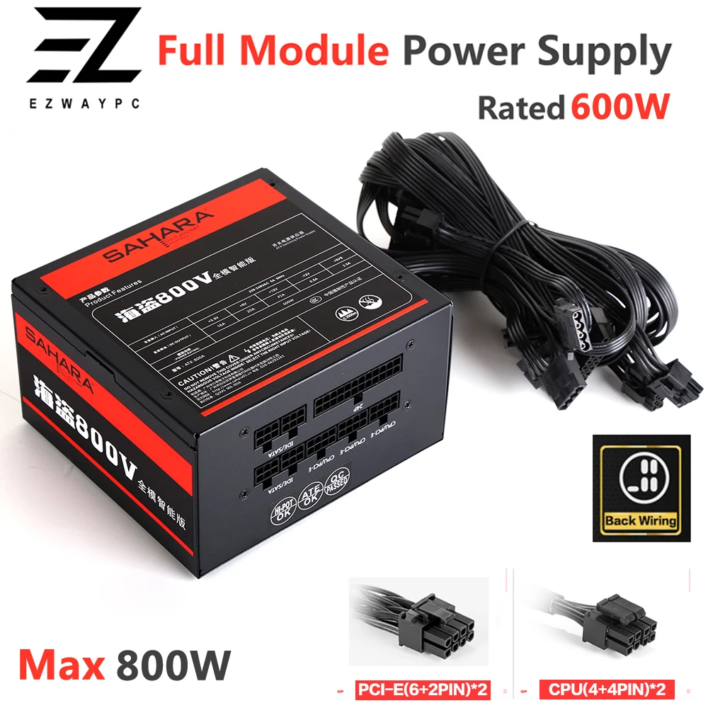 PC Gaming Power Supply Full Module SAHARA PSU Rated 600W Max 800W 24PIN 12V ATX Computer Bitcoin Miner ETH Coin Mining Ethereum |
