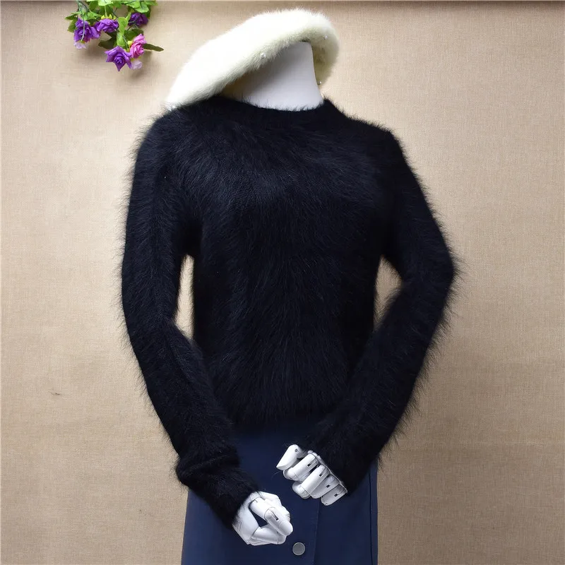 Высококачественный черный Обычный женский свитер с длинным рукавом и круглым вырезом из ангорской кроличьей шерсти норка простой мягкий теплый черный свитер пуловер - Цвет: Body55m chest84cm