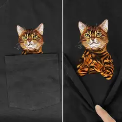CLOOCL T-Shirt Fashion Summer Bengal Cat Pocket T-shirt 3D Printed Men for Women Shirts Tops Funny Cotton Black Tees