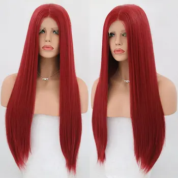 

Red Silky Straight Synthetic 13*3 Lace Front Wig Glueless Heat Resistant Fiber Hair Natural Hairline Middle Part For Women Wigs