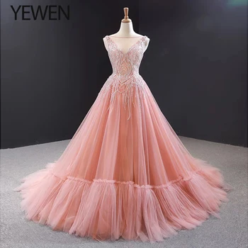 

luxury Beading wedding dresses 2020 pink beach wedding dress illusion V Neck bridal dress bridal gown Plus size YeWen YW19115