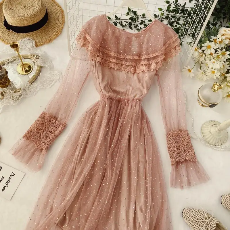 YuooMuoo шикарное милое длинное кружевное платье с воротником в стиле Питера Пэна женское романтическое блестящее платье в горошек с длинным рукавом розовое Сетчатое вечернее платье vestidos