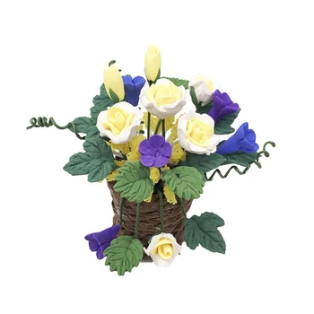 

1/12 Miniature Dollhouse Woven Basket Yellow Rose Flower Pot Living Room Handmade Craft Toy Decor Educational Toy Gift For Kid
