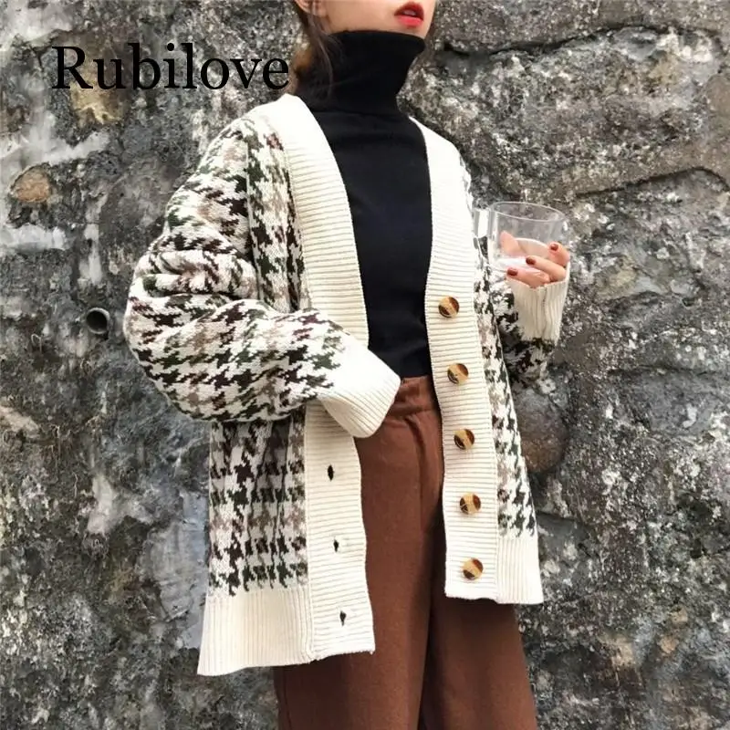 Rubilove осень зима решетки трикотажные длинные кардиганы Свободные повседневные элегантный дизайн толстые свитера джемперы женские вязаные куртки