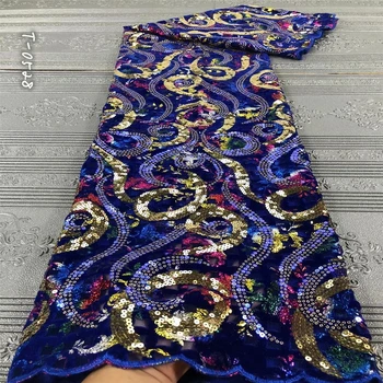 

African velvet lace fabric 2019 high quality lace perforated design embroidery with sequins laces mesh fabrics for evening dress