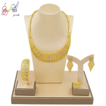 

Yulaili Dubai Gold Jewelry Sets for Women Wedding Bridal Charm Crystal Geometry Necklace Earrings Bracelet Ring Free Shipping